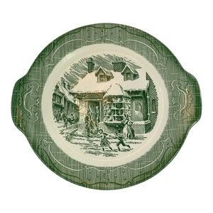 VTG The Old Curiosity Shop Green 11.5" Currier &Ives CAKE PLATE Handled PLATTER